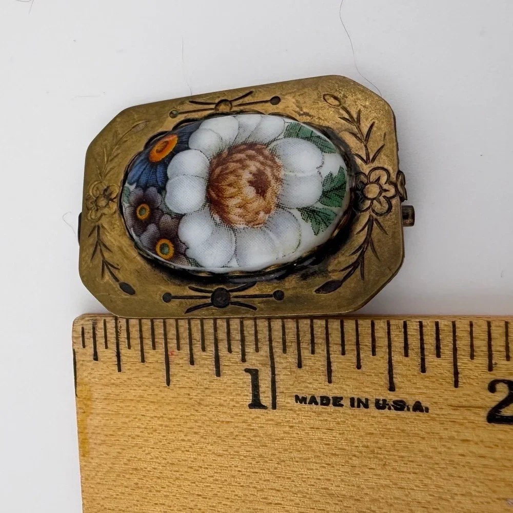 Vintage Antique Brass Porcelain Flower Brooch Pin Hand Painted Victorian Style